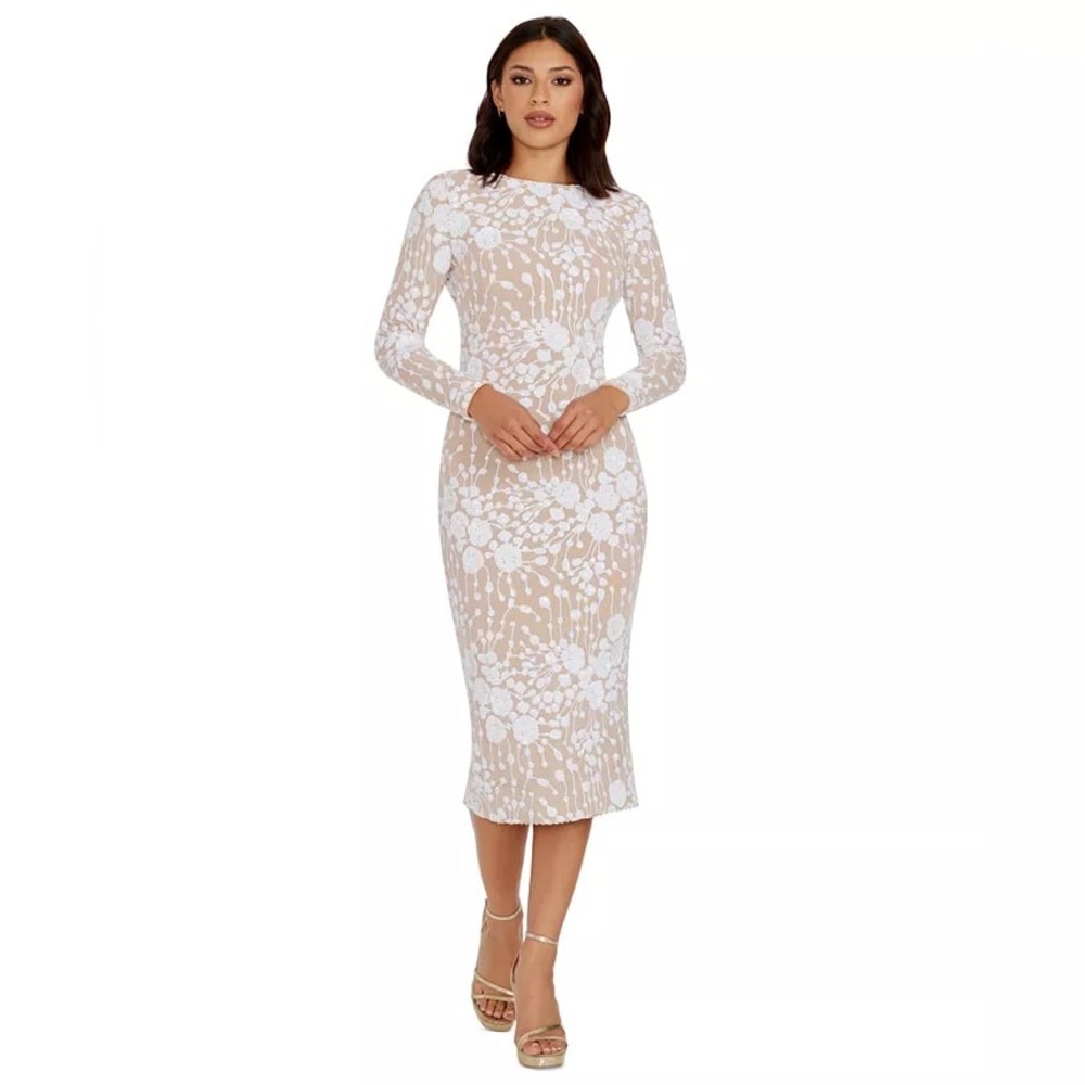 Dress the Population Women’s Emery Sequined Fitted Midi Dress White Nude Sz M